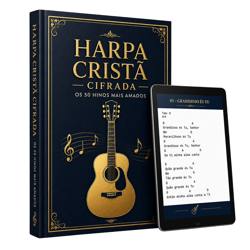 Mockup da apostila Harpa Cristã Cifrada mostrando capa e prévia da cifra no tablet
